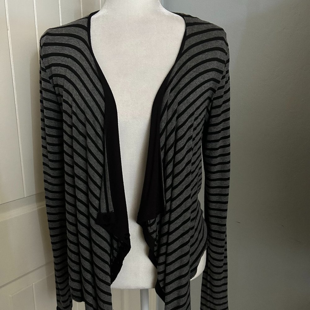 Women's Reversible Black Black& Gray Stripe Distressed Long Sleeve Shrug S/M
